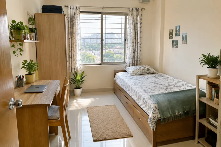 light-colored small room with compact furniture and open floor space